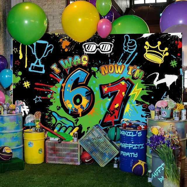 Alt view image 5 of 7 - 7x5ft 6 7 Birthday Decorations Graffiti 7th Birthday Backdrop Boys I was 6 Now I'm 7 Hip-Hop Urban Style Banner Neon Spray Colorful Paint Six Seven Party Decoration