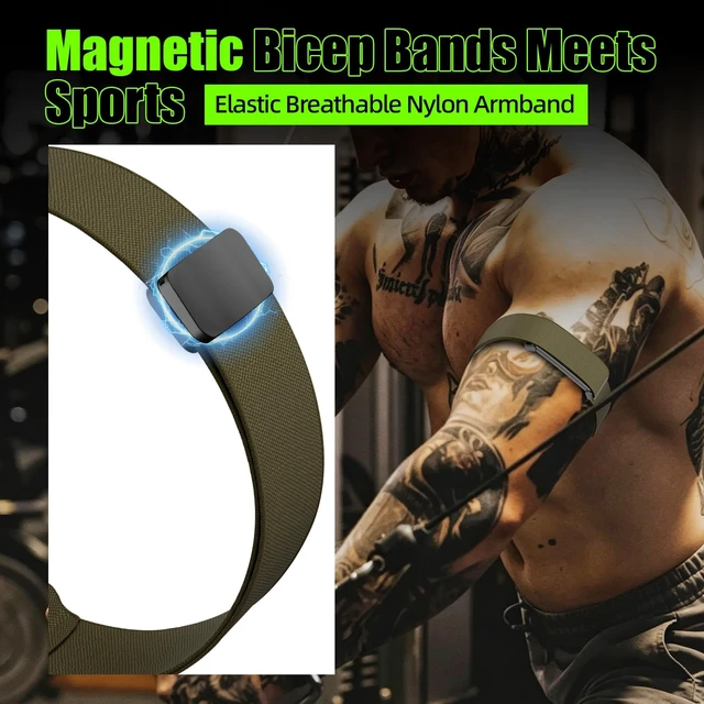 Alt view image 2 of 7 - Magnetic Bicep Band for Google Fitbit Air,Nylon Arm Strap (Army Green) Elastic Sport Armband Ankle Nylon Bicep Bands with Magnet Clasp for Women Men,Breathable Replacement Strap for Gym Running
