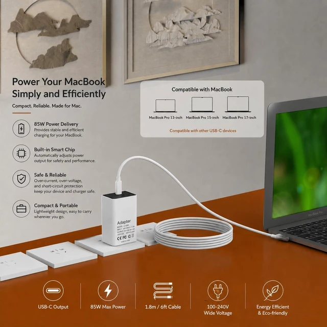 Alt view image 3 of 6 - Mac Book Pro Charger 85W L-Tip Power Adapter for 13/15/17" Before Mid 2012 Mag-netic 1 Charger Laptop Charger for old Mac Book Pro 13/15/17" Before Mid 2012, Model: A1343,A1297,A1286,A1278
