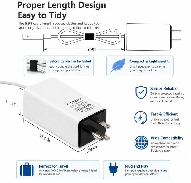 Alt view image 6 of 6 - Mac Book Pro Charger 85W L-Tip Power Adapter for 13/15/17" Before Mid 2012 Mag-netic 1 Charger Laptop Charger for old Mac Book Pro 13/15/17" Before Mid 2012, Model: A1343,A1297,A1286,A1278