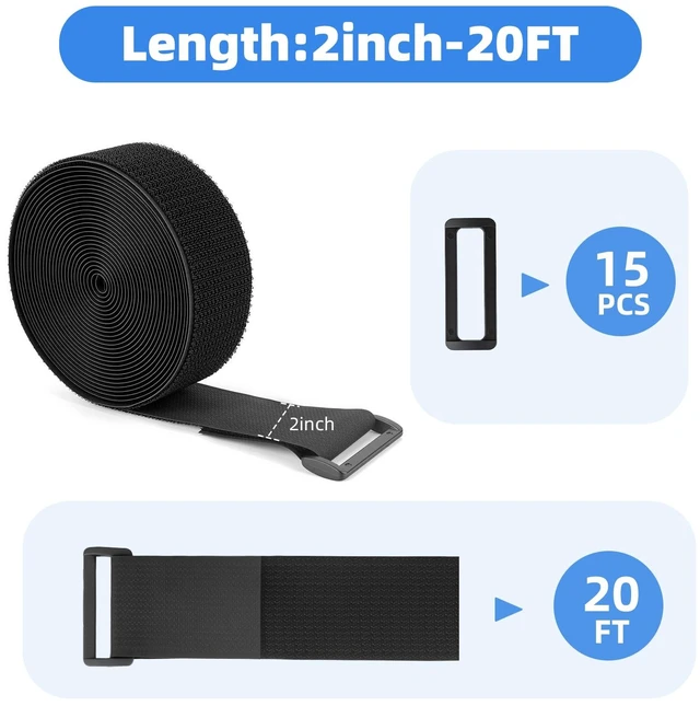 Alt view image 3 of 7 - Premium Hook and Loop Cinch Straps, Black Nylon, 2 Inch x 15 Feet, Heavy Duty With 15 Buckles, Reusable Cable Ties for Organization, Storage