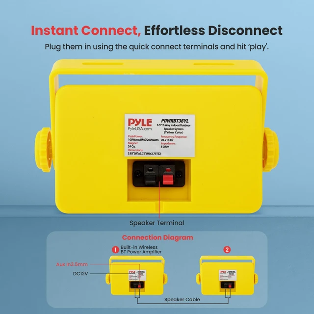 Alt view image 3 of 7 - 3.5" 2-Way Waterproof Bluetooth Indoor/Outdoor Speaker ½ High Compliance Polymer Tweeter, Compact Marine Deck/Poolside Sound System (Yellow)