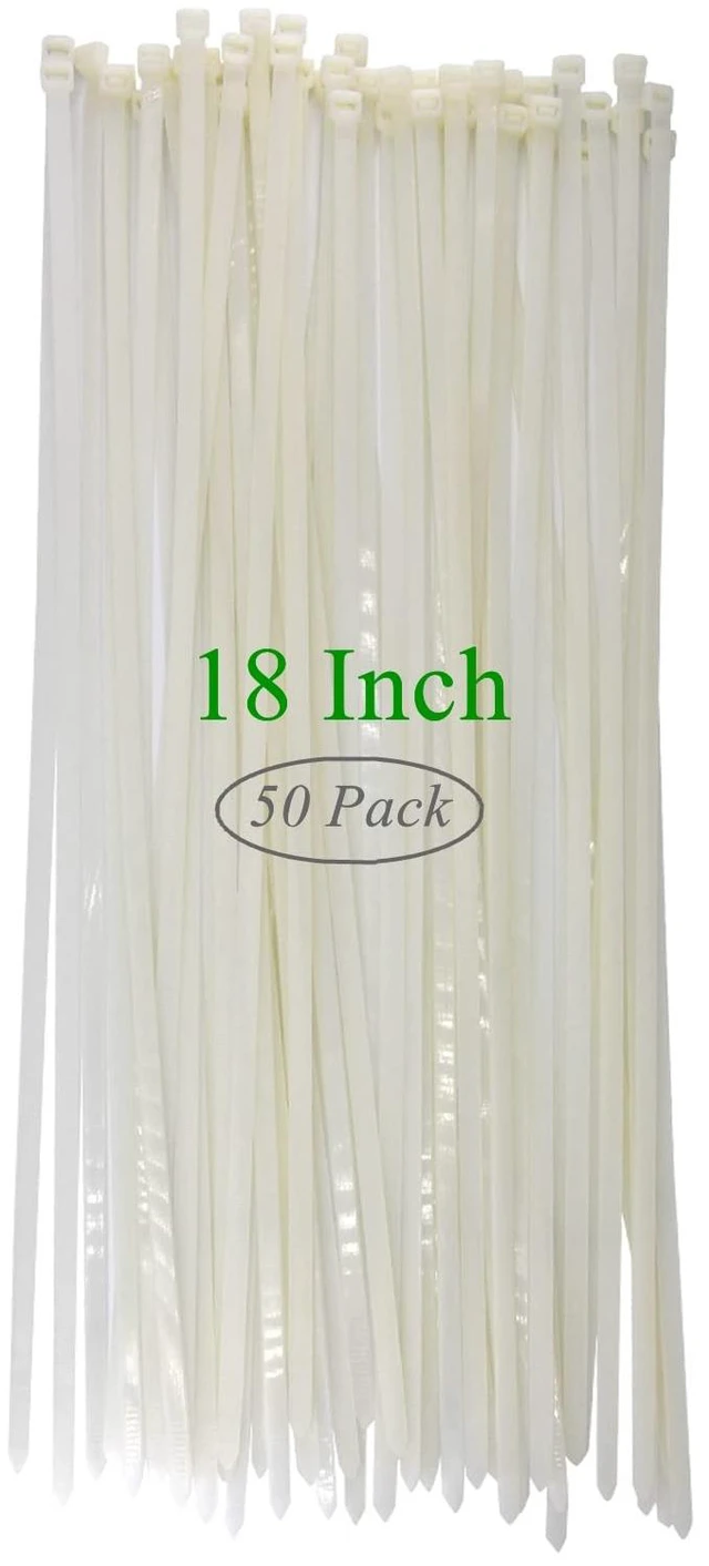 Main image of 18 Inch Clear Zip Ties Heavy Duty 120 Lbs 50 Pack Outdoor Use 18" long zip tie white, 120 lbs strong weather-resistant. Large plastic cable tie cord organizer wire wrap for deck, fencing