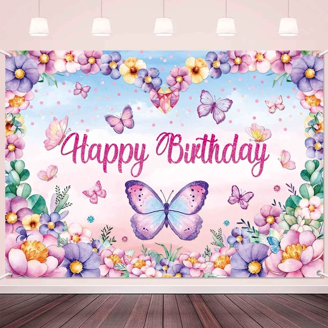 Main image of Butterfly Happy Birthday Banner Backdrop Butterflies Birthday Party Decorations for Women Girls Pink Purple Spring Butterfly Flower Photography Background Wall Decor 71x45 inch