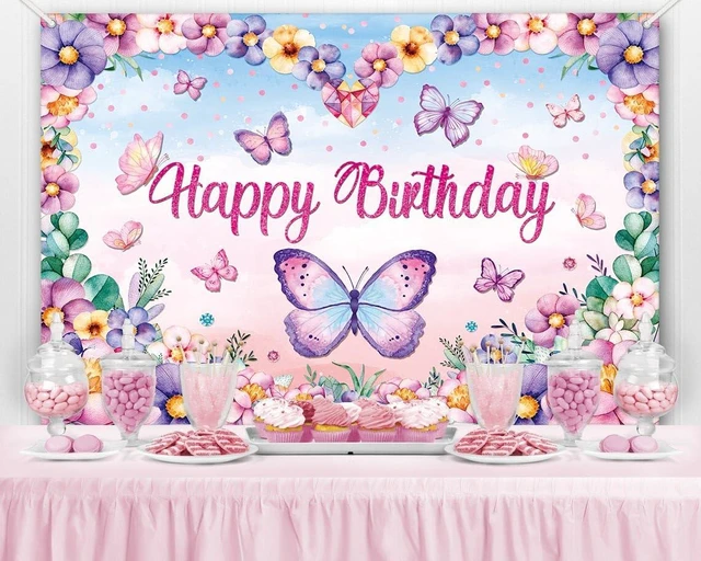 Alt view image 5 of 7 - Butterfly Happy Birthday Banner Backdrop Butterflies Birthday Party Decorations for Women Girls Pink Purple Spring Butterfly Flower Photography Background Wall Decor 71x45 inch