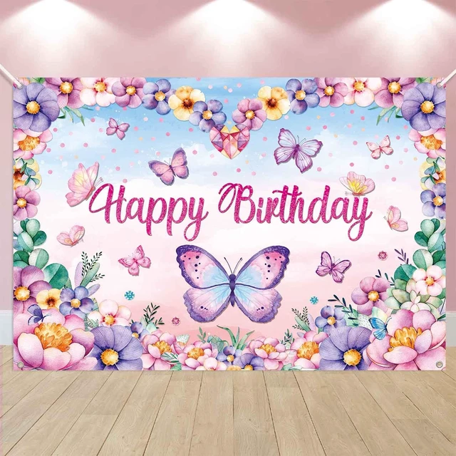 Alt view image 2 of 7 - Butterfly Happy Birthday Banner Backdrop Butterflies Birthday Party Decorations for Women Girls Pink Purple Spring Butterfly Flower Photography Background Wall Decor 71x45 inch