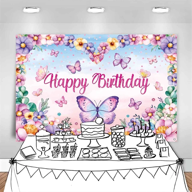 Alt view image 6 of 7 - Butterfly Happy Birthday Banner Backdrop Butterflies Birthday Party Decorations for Women Girls Pink Purple Spring Butterfly Flower Photography Background Wall Decor 71x45 inch