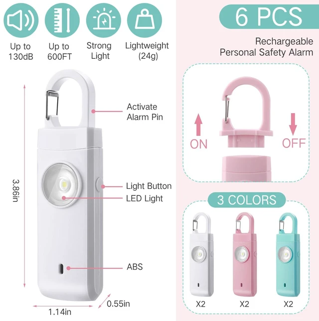 Alt view image 2 of 6 - 6 Pcs 130 dB Personal Safety Alarm for Women, Macarons, Snap Rechargeable Safety Loud Siren with LED Strobe Light, Low Battery Notice, Personal Alarm Keychains Gifts for Mom Girl