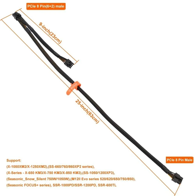 Alt view image 4 of 4 - PCIe Cable - 8 Pin Male to Dual 8 Pin (6+2) Male Power Adapter, Sleeved 25-inch+9-inch (63cm+23cm) for Seasonic PSUs