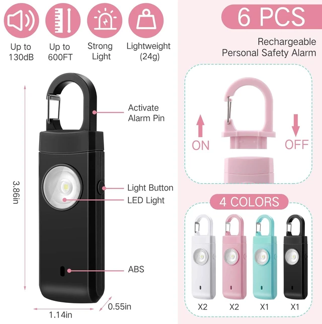 Alt view image 2 of 6 - 6 Pcs 130 dB Personal Safety Alarm for Women, Multicolor, Snap Rechargeable Safety Loud Siren with LED Strobe Light, Low Battery Notice, Personal Alarm Keychains Gifts for Mom Girl