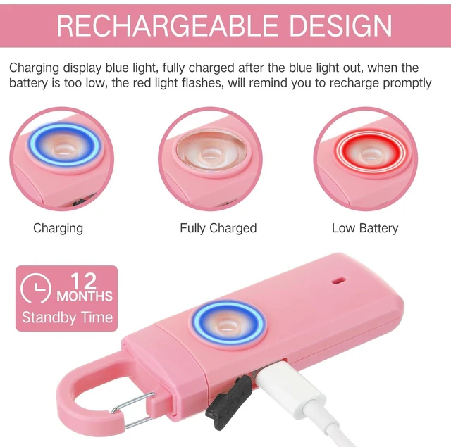 Alt view image 5 of 6 - 6 Pcs 130 dB Personal Safety Alarm for Women, Multicolor, Snap Rechargeable Safety Loud Siren with LED Strobe Light, Low Battery Notice, Personal Alarm Keychains Gifts for Mom Girl