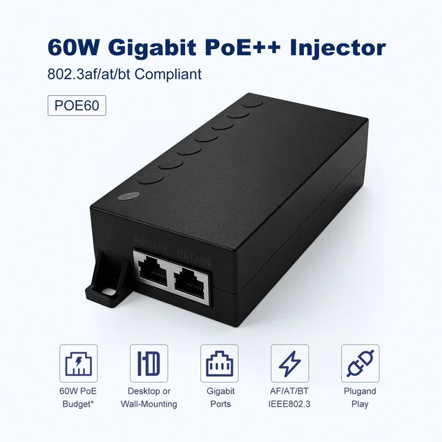 Alt view image 2 of 7 - POE60 60W Gigabit IEEE 802.3bt PoE++ Injector 6KV surge protection, shielded gigabit RJ45, IEEE 802.3af/at compatible, stable 60W constant PoE power output