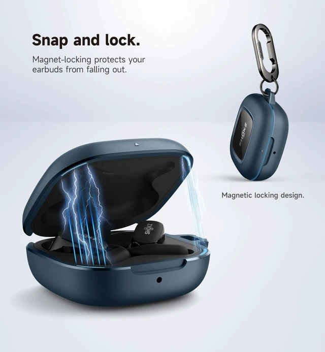 Alt view image 3 of 7 - for SHOKZ OpenFit Case Cover, Shockproof Magnetic Cases for SHOKZ OpenFit Open-Ear Earbuds True Wireless Bluetooth Headphones, Protective Cover with Magnetic Lid Lock & Carabiner, Navy