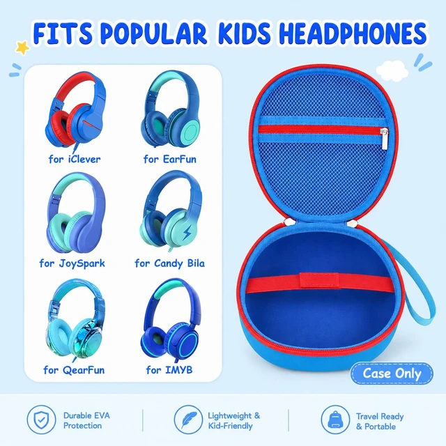 Alt view image 2 of 7 - Hard Shell Kids Headphone Case for iClever for EarFun, Blue Protective Case With Cable Pocket and Handle for Foldable Kids Headphones for Home and Travel, Box Only