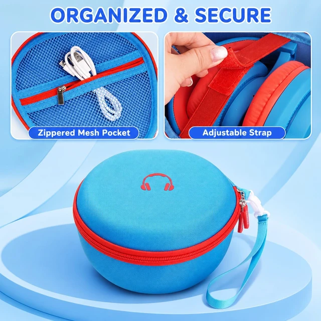Alt view image 4 of 7 - Hard Shell Kids Headphone Case for iClever for EarFun, Blue Protective Case With Cable Pocket and Handle for Foldable Kids Headphones for Home and Travel, Box Only