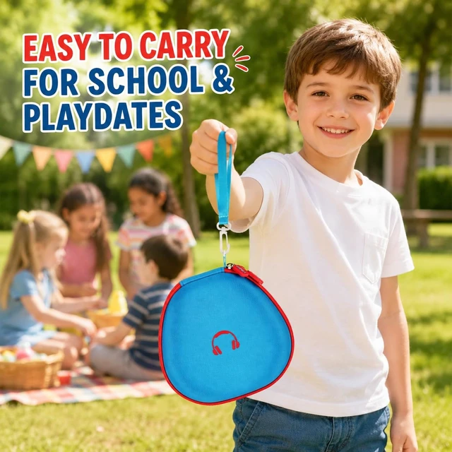 Alt view image 6 of 7 - Hard Shell Kids Headphone Case for iClever for EarFun, Blue Protective Case With Cable Pocket and Handle for Foldable Kids Headphones for Home and Travel, Box Only