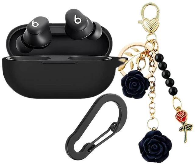 Main image of Case for Beats Solo Buds Case Cover with Flower Keychain, Cute Soft Silicone Shockproof Protective Skin Cases for Beats Solo Buds Wireless Earbuds with Carabiner for Women Girl (Black)