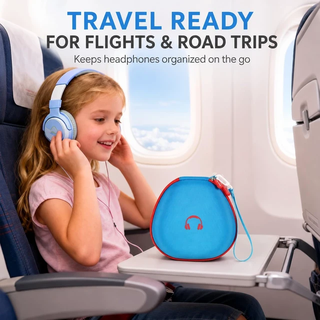Alt view image 7 of 7 - Hard Shell Kids Headphone Case for iClever for EarFun, Blue Protective Case With Cable Pocket and Handle for Foldable Kids Headphones for Home and Travel, Box Only