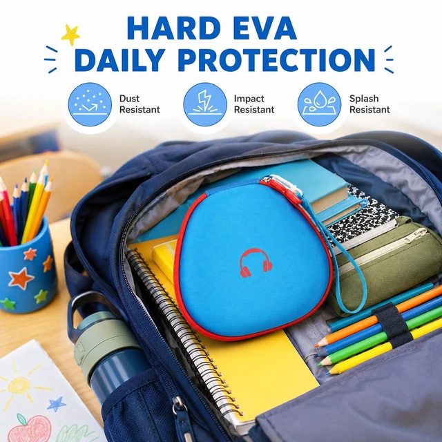 Alt view image 5 of 7 - Hard Shell Kids Headphone Case for iClever for EarFun, Blue Protective Case With Cable Pocket and Handle for Foldable Kids Headphones for Home and Travel, Box Only