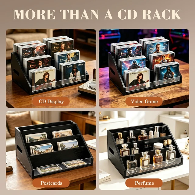Alt view image 4 of 7 - Morden Wood CD Holders Display StandOrganizer 32 CDs, 4-Tiered Tabletop CD Rack Storage Shelf for CD Collection, Black