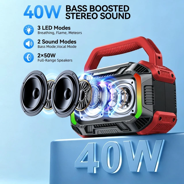 Alt view image 2 of 7 - Speakers Bluetooth Wireless, 40W Loud Outdoor Speaker with Bass, IPX7 Waterproof Floatable, 20H Playtime, Wireless Charge, TWS, RGB Light, Portable Speaker for Work, Garage, Outdoor(S-Red)