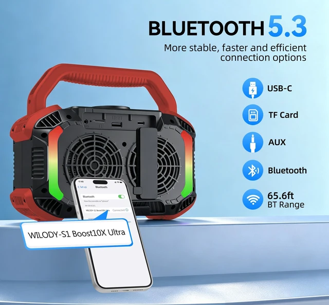 Alt view image 3 of 7 - Speakers Bluetooth Wireless, 40W Loud Outdoor Speaker with Bass, IPX7 Waterproof Floatable, 20H Playtime, Wireless Charge, TWS, RGB Light, Portable Speaker for Work, Garage, Outdoor(S-Red)