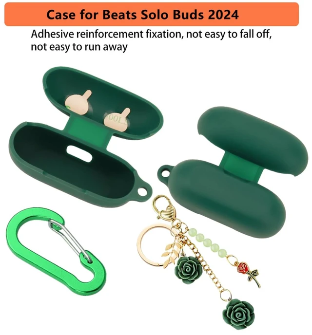 Alt view image 4 of 7 - Case for Beats Solo Buds Case Cover with Flower Keychain, Cute Soft Silicone Shockproof Protective Skin Cases for Beats Solo Buds Wireless Earbuds with Carabiner for Women Girl (Green)