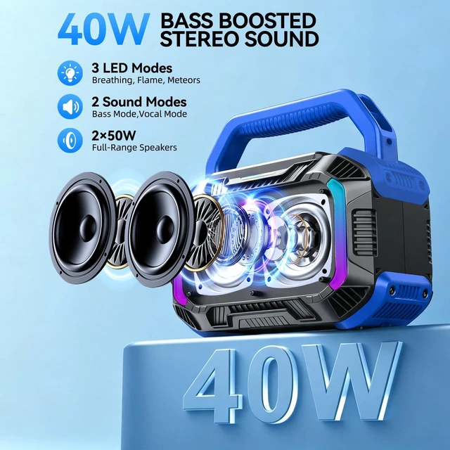 Alt view image 2 of 7 - Speakers Bluetooth Wireless, 40W Loud Outdoor Speaker with Bass, IPX7 Waterproof Floatable, 20H Playtime, Wireless Charge, TWS, RGB Light, Portable Speaker for Work, Garage, Outdoor(S-Blue)