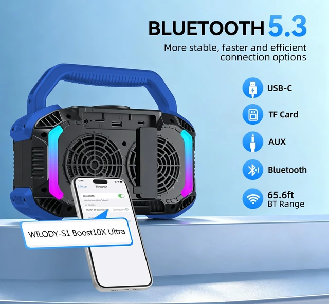 Alt view image 3 of 7 - Speakers Bluetooth Wireless, 40W Loud Outdoor Speaker with Bass, IPX7 Waterproof Floatable, 20H Playtime, Wireless Charge, TWS, RGB Light, Portable Speaker for Work, Garage, Outdoor(S-Blue)