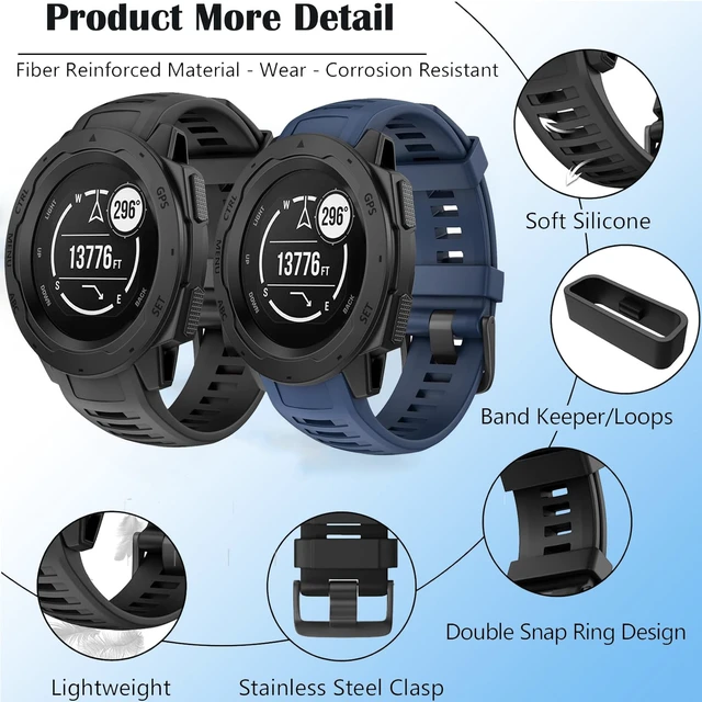 Alt view image 4 of 6 - 2 Pack Waterproof Bands Compatible with Garmin Instinct/Instinct 2 Bands 22mm Soft Silicone Replacement Wristbands for Garmin Instinct Esports/Solar/Tactical