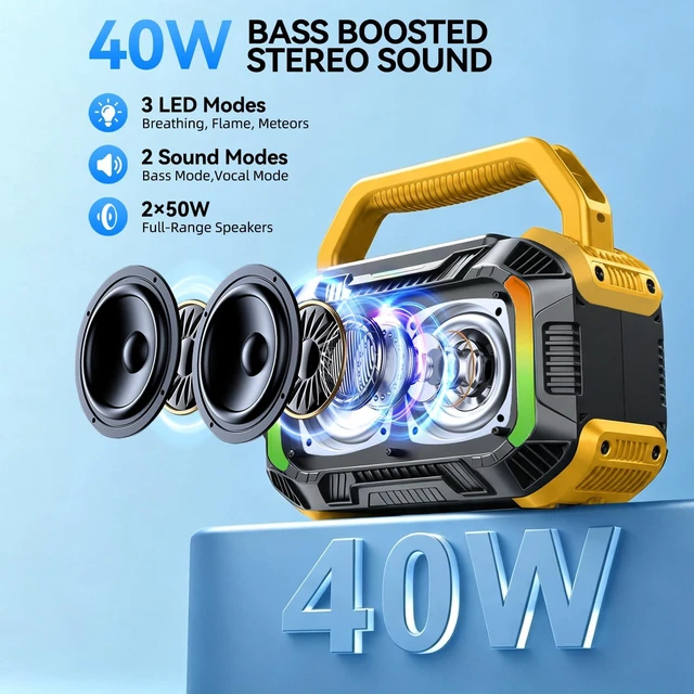 Alt view image 2 of 7 - Speakers Bluetooth Wireless, 40W Loud Outdoor Speaker with Bass, IPX7 Waterproof Floatable, 20H Playtime, Wireless Charge, TWS, RGB Light, Portable Speaker for Work, Garage, Outdoor(S-Yellow)
