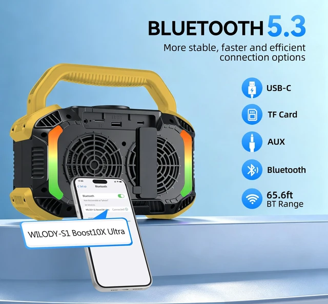 Alt view image 3 of 7 - Speakers Bluetooth Wireless, 40W Loud Outdoor Speaker with Bass, IPX7 Waterproof Floatable, 20H Playtime, Wireless Charge, TWS, RGB Light, Portable Speaker for Work, Garage, Outdoor(S-Yellow)