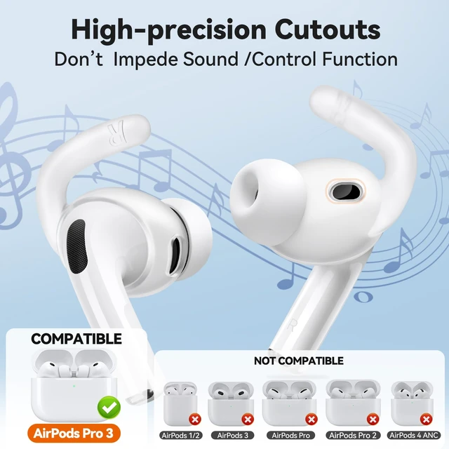 Alt view image 2 of 7 - 4 Pairs for AirPods Pro 3 Ear Hooks, Anti-Slip Ear Tips (Transparent) Silicone, Soft, Skin-friendly, Comfortable to Wear, Fits All Ear Shapes, with Cleaning Pen/Carabiner/Storage Pouch