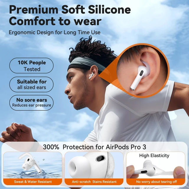 Alt view image 3 of 7 - 4 Pairs for AirPods Pro 3 Ear Hooks, Anti-Slip Ear Tips (Transparent) Silicone, Soft, Skin-friendly, Comfortable to Wear, Fits All Ear Shapes, with Cleaning Pen/Carabiner/Storage Pouch