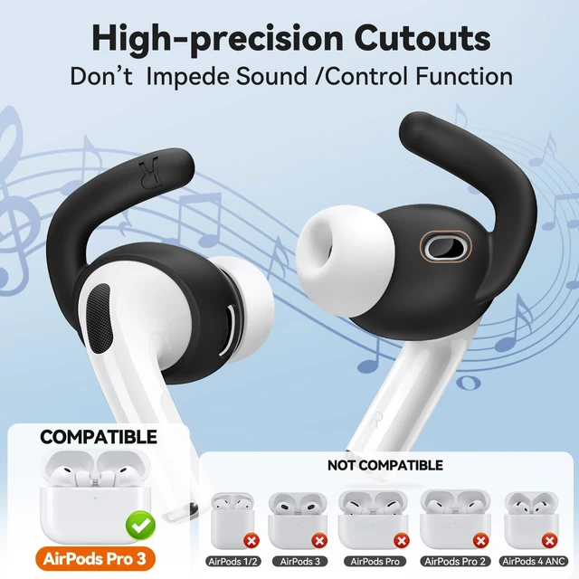 Alt view image 2 of 7 - 4 Pairs for AirPods Pro 3 Ear Hooks, Anti-Slip Ear Tips (Black) Silicone, Soft, Skin-friendly, Comfortable to Wear, Fits All Ear Shapes, with Cleaning Pen/Carabiner/Storage Pouch