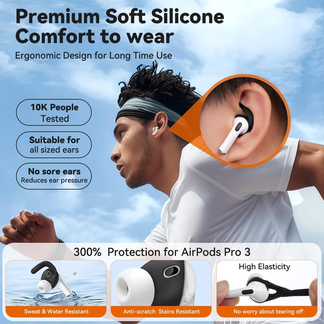 Alt view image 3 of 7 - 4 Pairs for AirPods Pro 3 Ear Hooks, Anti-Slip Ear Tips (Black) Silicone, Soft, Skin-friendly, Comfortable to Wear, Fits All Ear Shapes, with Cleaning Pen/Carabiner/Storage Pouch