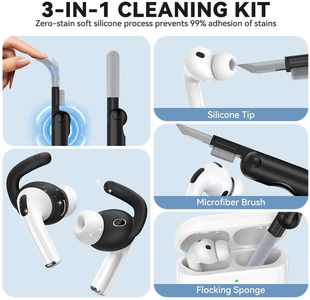 Alt view image 5 of 7 - 4 Pairs for AirPods Pro 3 Ear Hooks, Anti-Slip Ear Tips (Black) Silicone, Soft, Skin-friendly, Comfortable to Wear, Fits All Ear Shapes, with Cleaning Pen/Carabiner/Storage Pouch