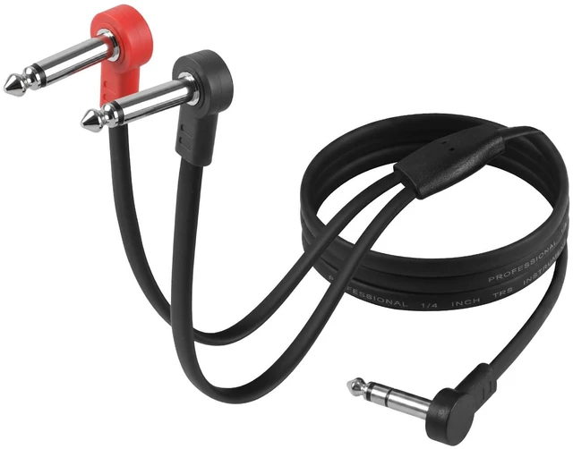 Main image of 1/4" TRS Stereo to Dual 1/4" TS Y-Splitter Insert Cable - 3 ft 6.35mm Right Angle Male to Male Audio Cord for Amplifiers, Mixers, Studio Equipment