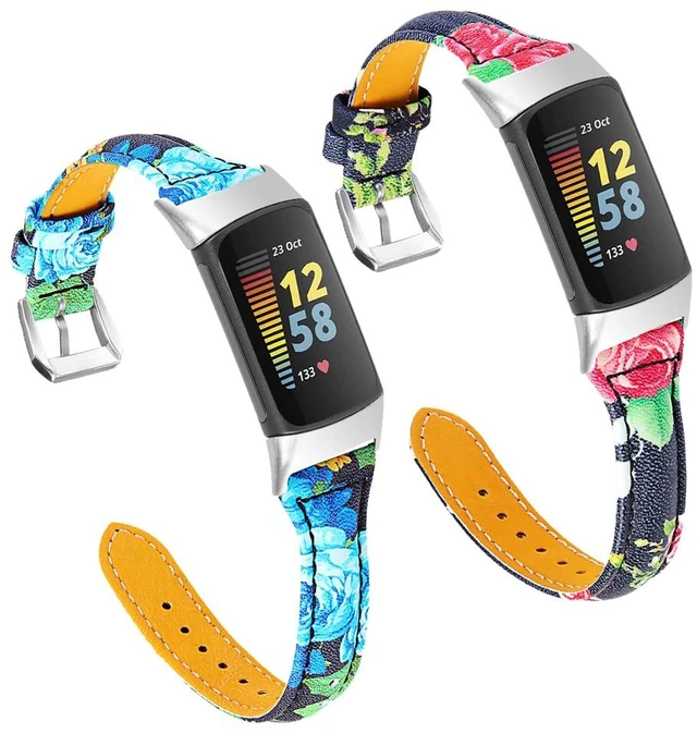 Main image of [2 pack Compatible with Fitbit Charge 6/Charge 5 Bands Leather Narrow Luxury Genuine Leather Replacement Sport Wrist Strap Bracelet Men Women Band Accessories