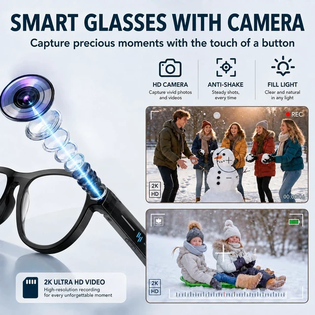 Alt view image 2 of 7 - AI Smart Glasses with Camera, 2K Video, Translation 2K POV recording, real-time translation, voice assistant, object recognition, open-ear calls, black & clear lenses
