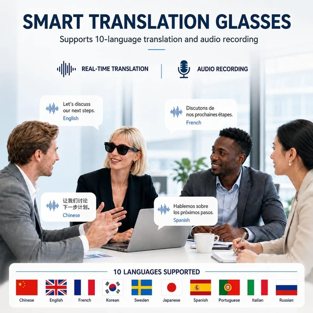 Alt view image 4 of 7 - AI Smart Glasses with Camera, 2K Video, Translation 2K POV recording, real-time translation, voice assistant, object recognition, open-ear calls, black & clear lenses