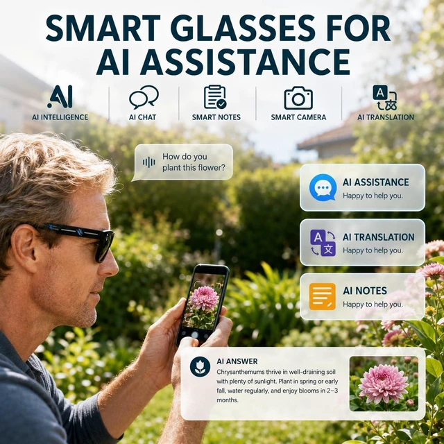 Alt view image 5 of 7 - AI Smart Glasses with Camera, 2K Video, Translation 2K POV recording, real-time translation, voice assistant, object recognition, open-ear calls, black & clear lenses