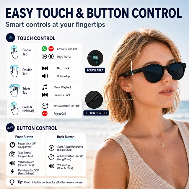 Alt view image 6 of 7 - AI Smart Glasses with Camera, 2K Video, Translation 2K POV recording, real-time translation, voice assistant, object recognition, open-ear calls, black & clear lenses