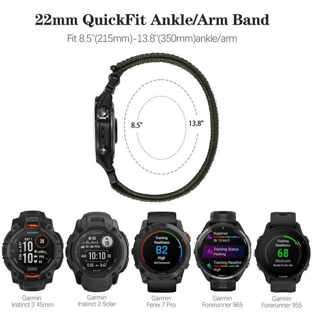 Alt view image 2 of 7 - 22mm QuickFit Sports Ankle/Arm Band Compatible with Garmin Fenix 6 Pro/6/7/7 Pro/5/5 Plus, Soft Nylon Bicep Strap for Forerunner 970/965/955/945/935 & Instinct 3 45mm/E 45mm/Solar/2/2 Solar