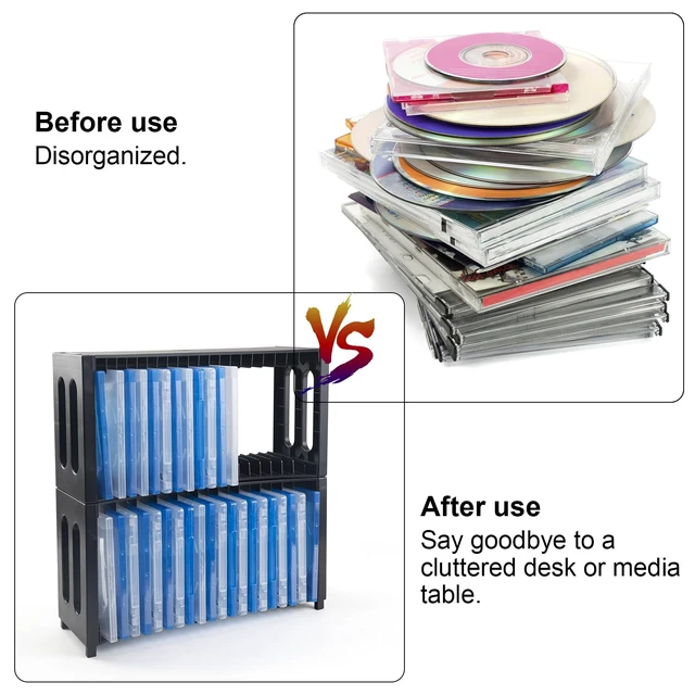 Alt view image 4 of 7 - DVD Storage Rack, 2 Pack Stackable ABS Organizer Upgrade ABS Material, Holds 40 Slim DVD Jewel Cases, For Home, Office, Movie Music Room