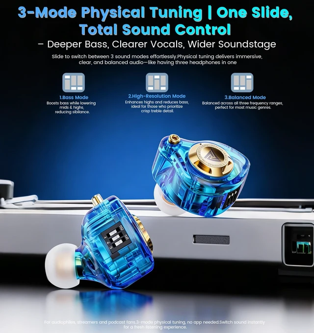 Alt view image 4 of 7 - Wired Gaming Earbuds with Mic, 11mm Dynamic Driver HiFi in Ear Monitors, 3-Way Adjustable Tuning Switch Detachable Cable IEM Earphones, Deep Bass Noise Isolating Headphones for Musician Game PC Laptop