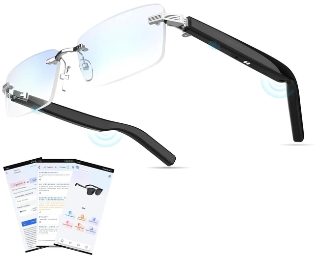 Main image of AI Smart Bluetooth Glasses for Men and Women with Chat GPT, Translation Glasses with 115 Languages and Rimless Blue Light Blocking Lens, Hands-Free Calls, Indoor Protection for Iphone Android Music