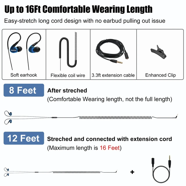 Alt view image 2 of 7 - Joymiso 16Ft Extra Long Cord Earbuds Headphones for TV PC Laptop with Mic Volume Control, 3.5mm Wired, Spring Coil Wire & Extension Cable, Over Ear Hook, Fit for Kids Women Small Ears Computer Use