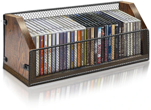 Main image of CD Storage Rack, Wooden CD Organizer Holds 32 CDs, Retro CD Shelf for Desktop, Perfect for DVD, Blu ray & Video Game Cases, Space Saving
