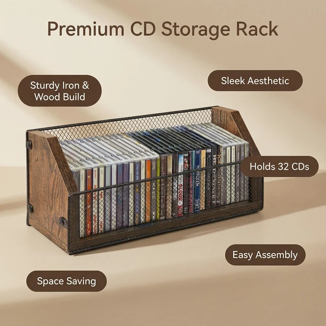 Alt view image 2 of 7 - CD Storage Rack, Wooden CD Organizer Holds 32 CDs, Retro CD Shelf for Desktop, Perfect for DVD, Blu ray & Video Game Cases, Space Saving